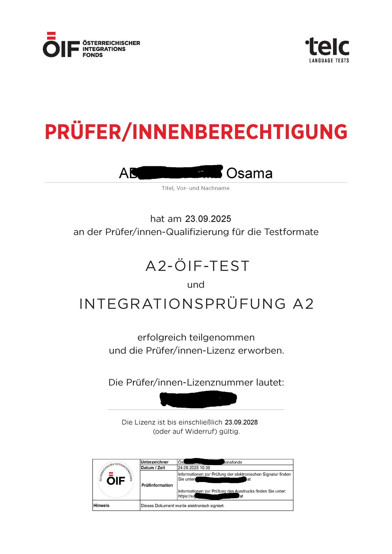 A2 ÖIF Prüferberechtigung