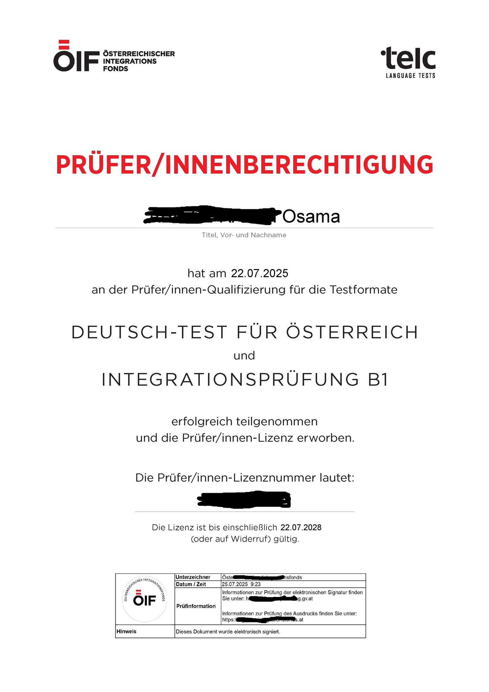 B1 ÖIF Prüferberechtigung